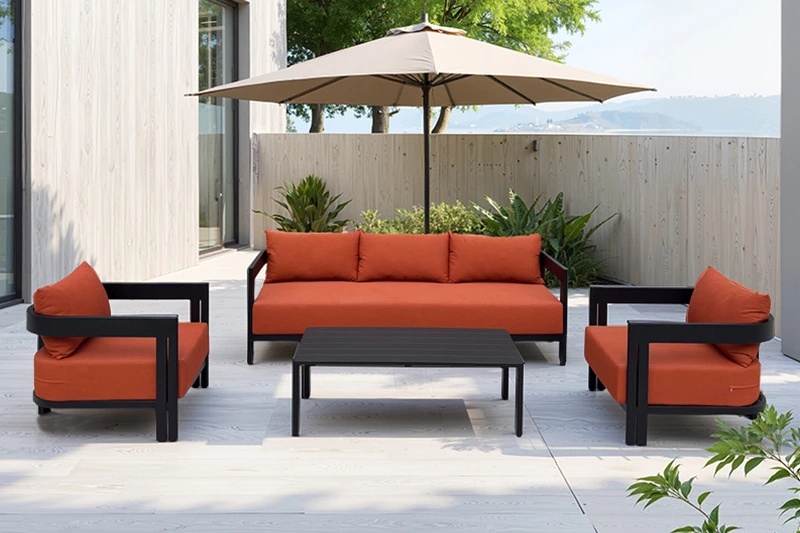 RH Red Fabric Aluminum Sofa